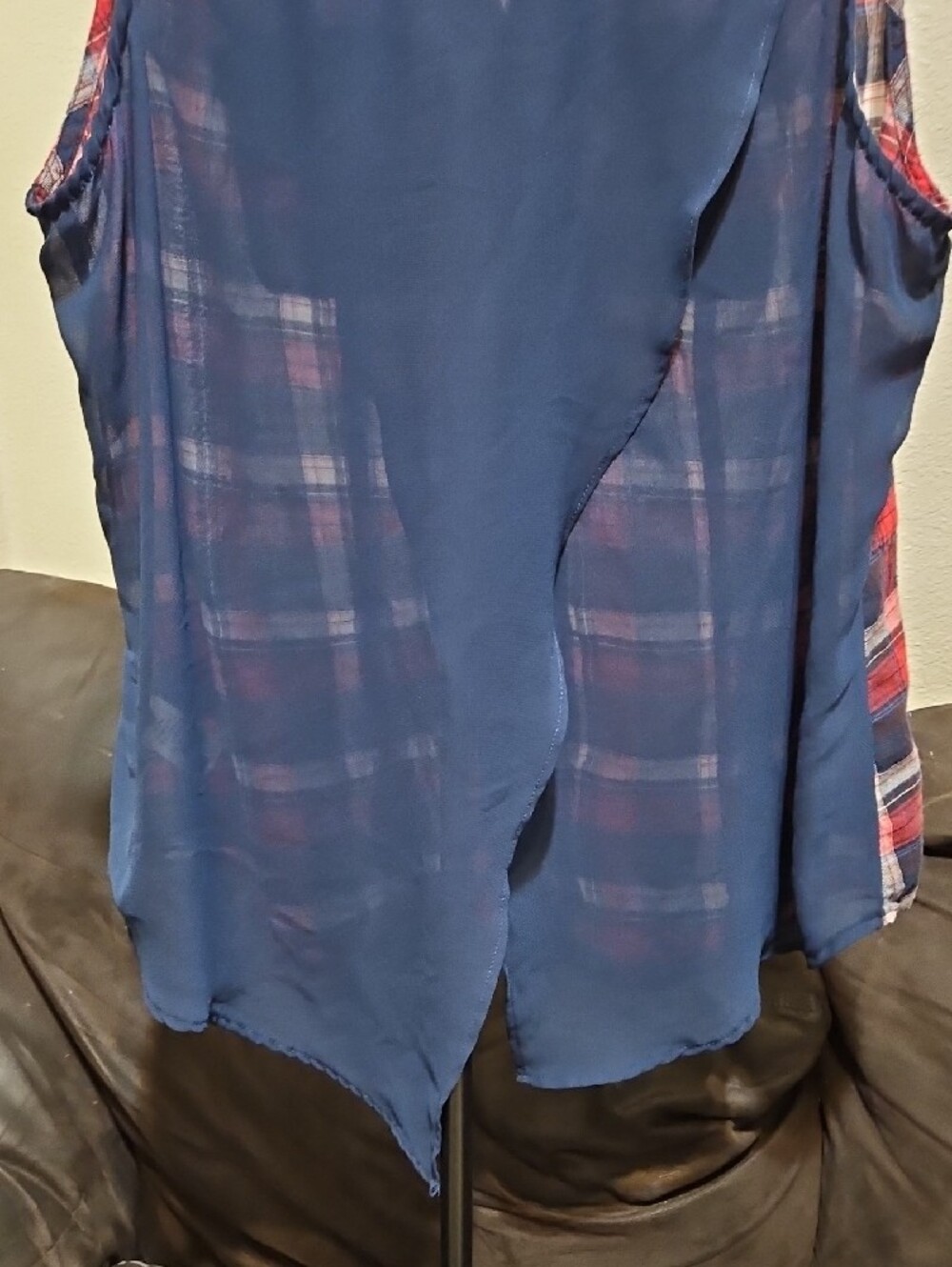 Maurices Red, Navy & White Plaid Sleeveless Button-Up Shirt - Picture 6 of 8